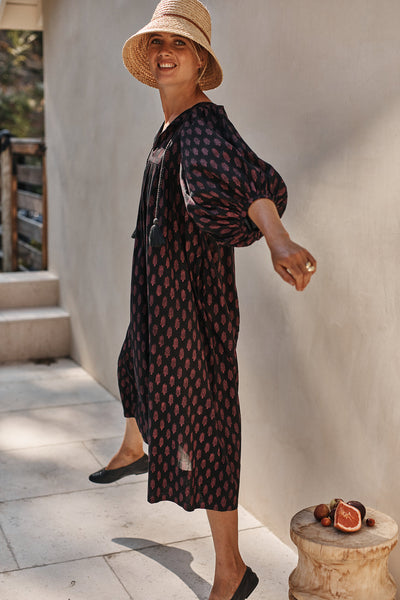 Puff Sleeve, 100% Silk Block Print Garima Dress by Future Primitive